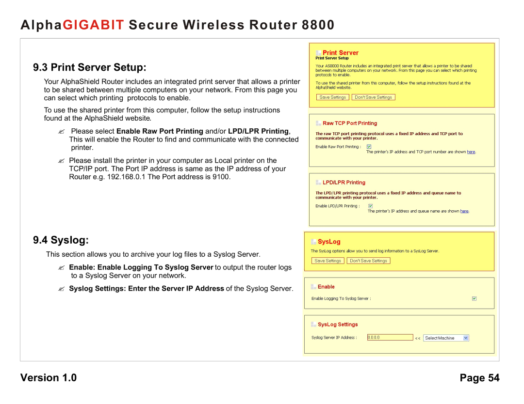 AlphaShield 8800 user manual Print Server Setup, Syslog 