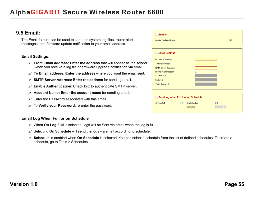 AlphaShield 8800 user manual Email Settings, Email Log When Full or on Schedule 