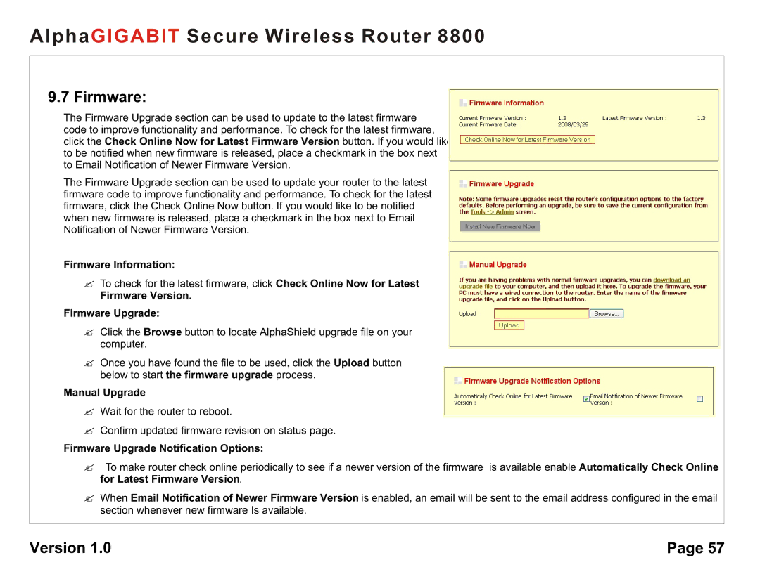 AlphaShield 8800 user manual Firmware Information, Firmware Version Firmware Upgrade, Manual Upgrade 