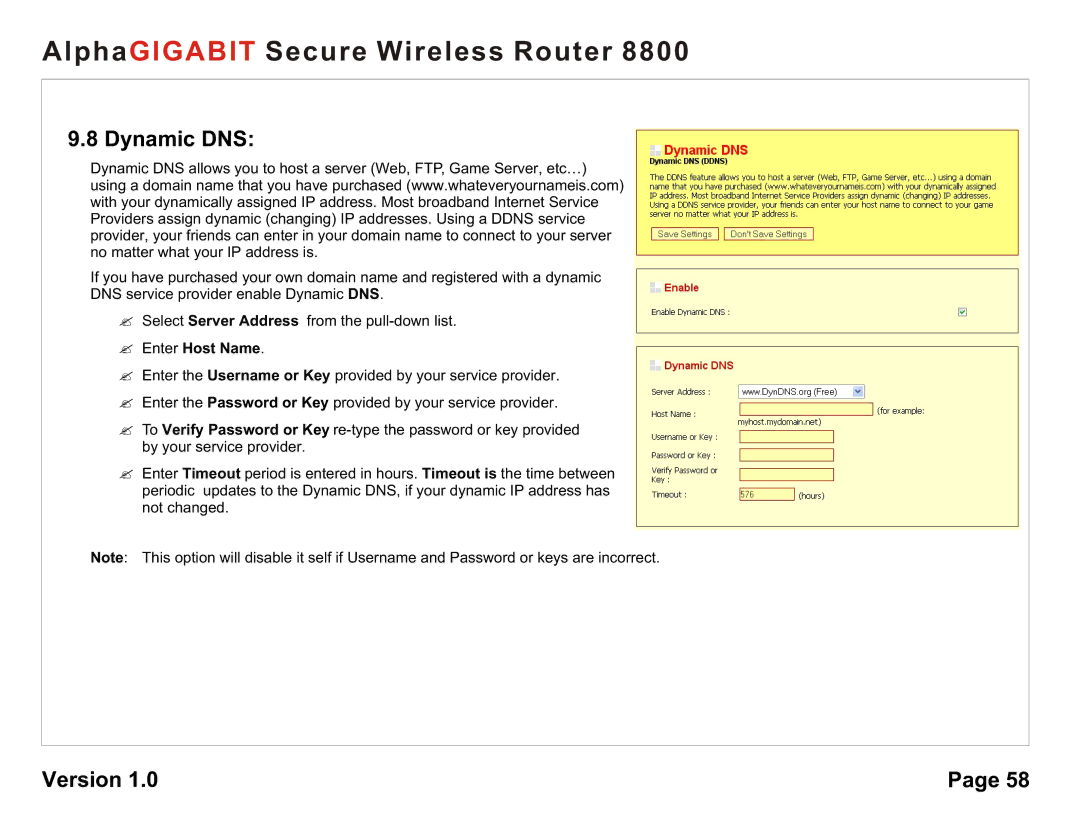 AlphaShield 8800 user manual Dynamic DNS, ? Enter Host Name 