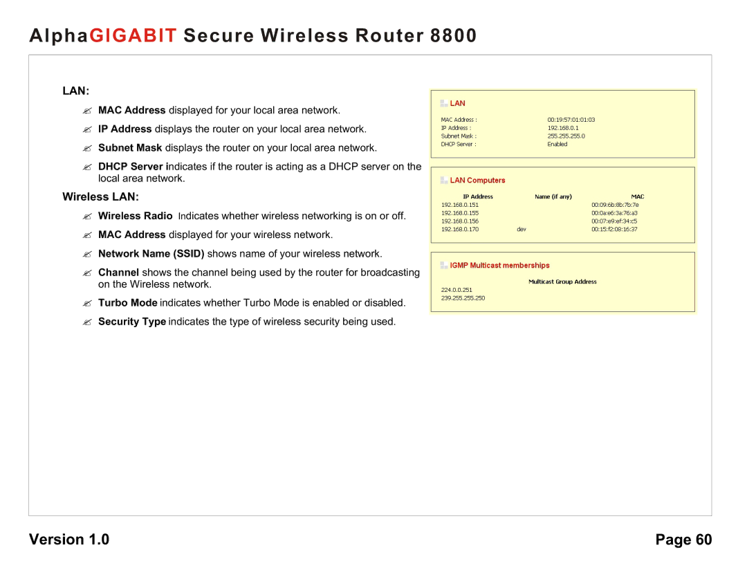 AlphaShield 8800 user manual Lan, Wireless LAN 