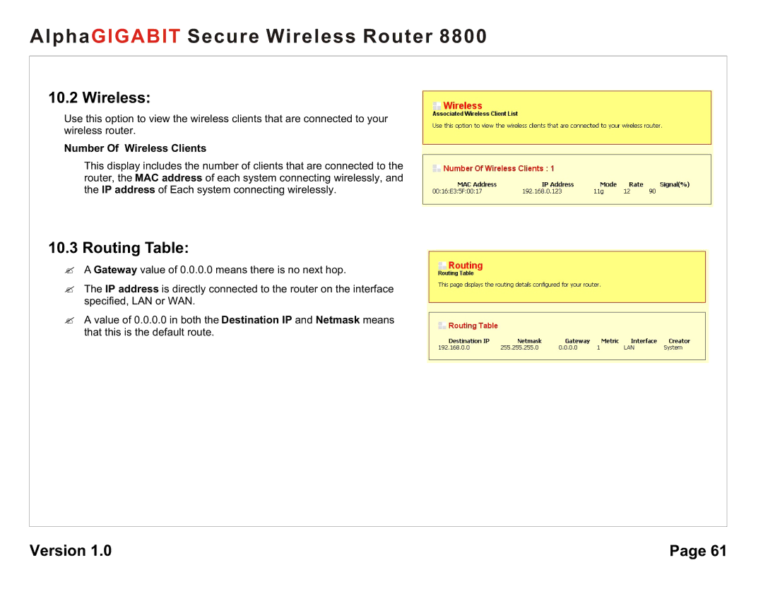 AlphaShield 8800 user manual Routing Table, Number Of Wireless Clients 