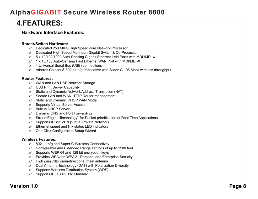 AlphaShield 8800 user manual Router/Switch Hardware, Router Features, Wireless Features 