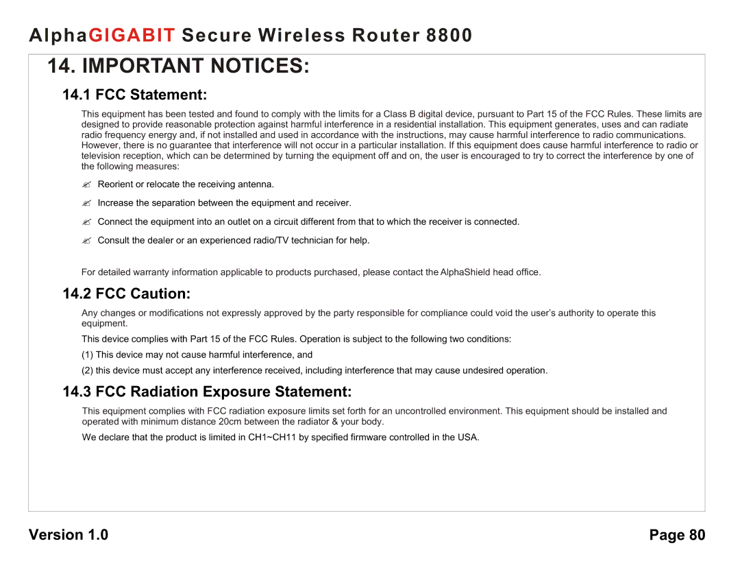 AlphaShield 8800 user manual FCC Statement, FCC Caution, FCC Radiation Exposure Statement 