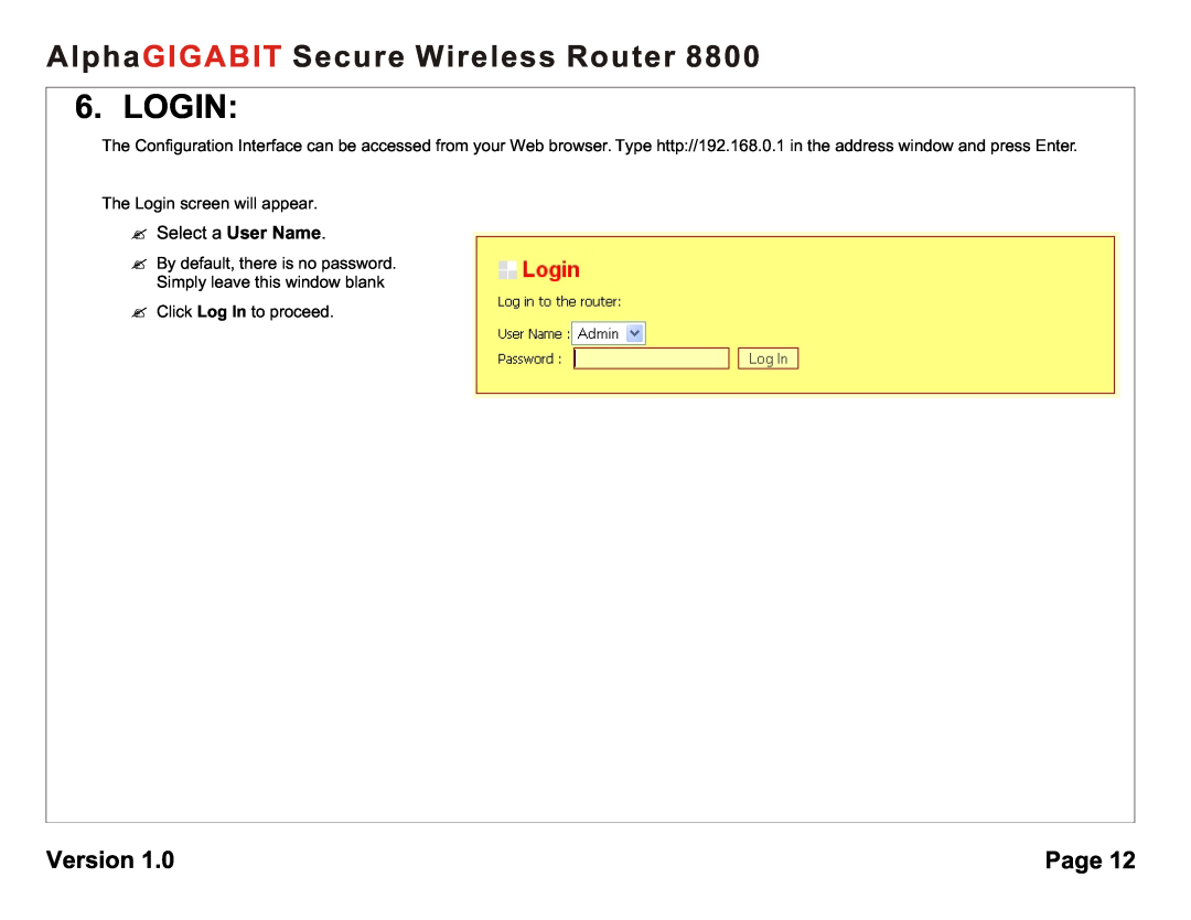 AlphaShield 8800 user manual Login, ? Select a User Name, AlphaGIGABIT Secure Wireless Router, Version, Page 