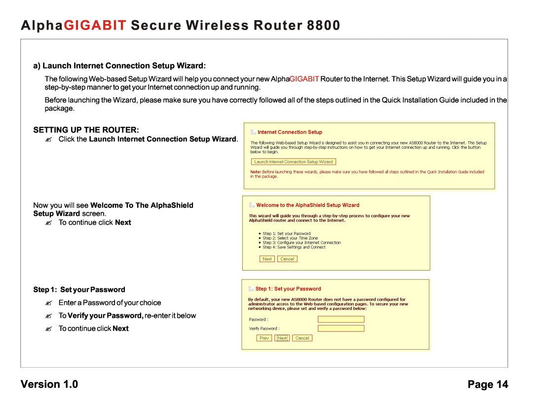 AlphaShield 8800 a Launch Internet Connection Setup Wizard, Setting Up The Router, Set your Password, Version, Page 
