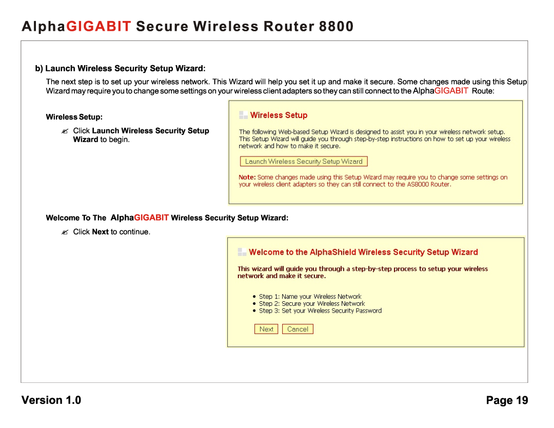 AlphaShield 8800 b Launch Wireless Security Setup Wizard, Welcome To The AlphaGIGABIT Wireless Security Setup Wizard, Page 