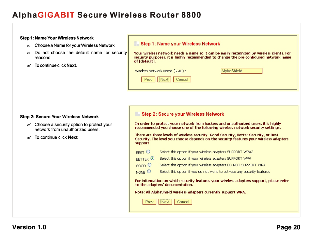 AlphaShield 8800 Name Your Wireless Network, Secure Your Wireless Network, AlphaGIGABIT Secure Wireless Router, Version 