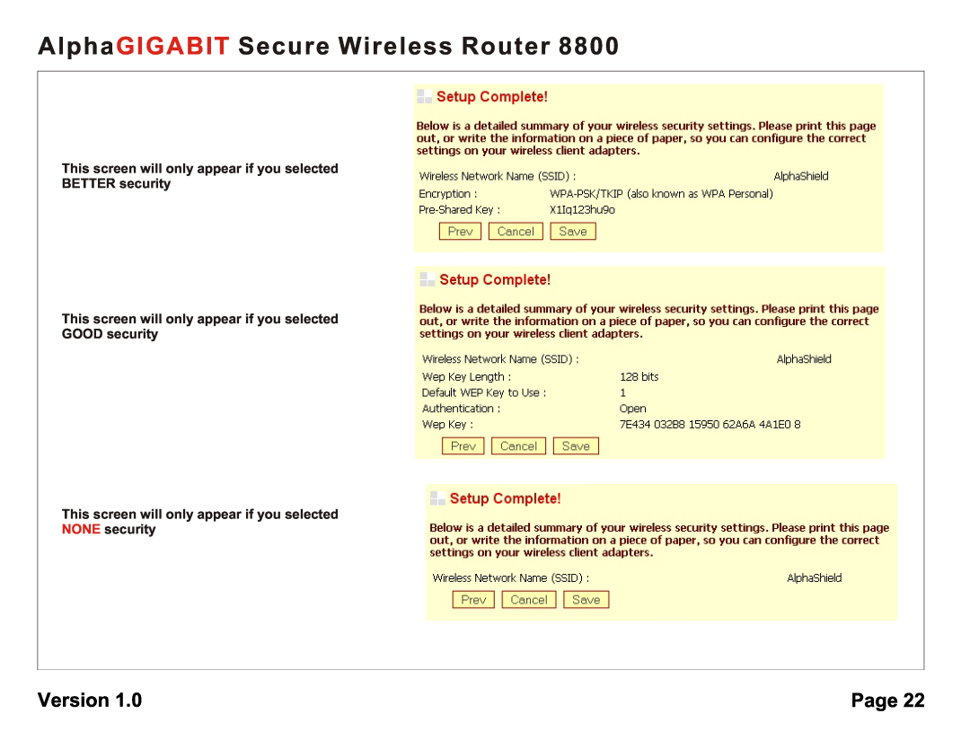 AlphaShield 8800 This screen will only appear if you selected BETTER security, AlphaGIGABIT Secure Wireless Router, Page 