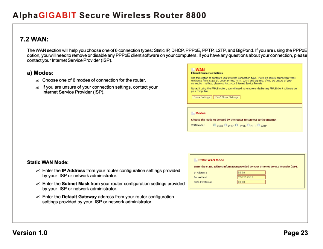 AlphaShield 8800 user manual 7.2 WAN, a Modes, Static WAN Mode, AlphaGIGABIT Secure Wireless Router, Version, Page 
