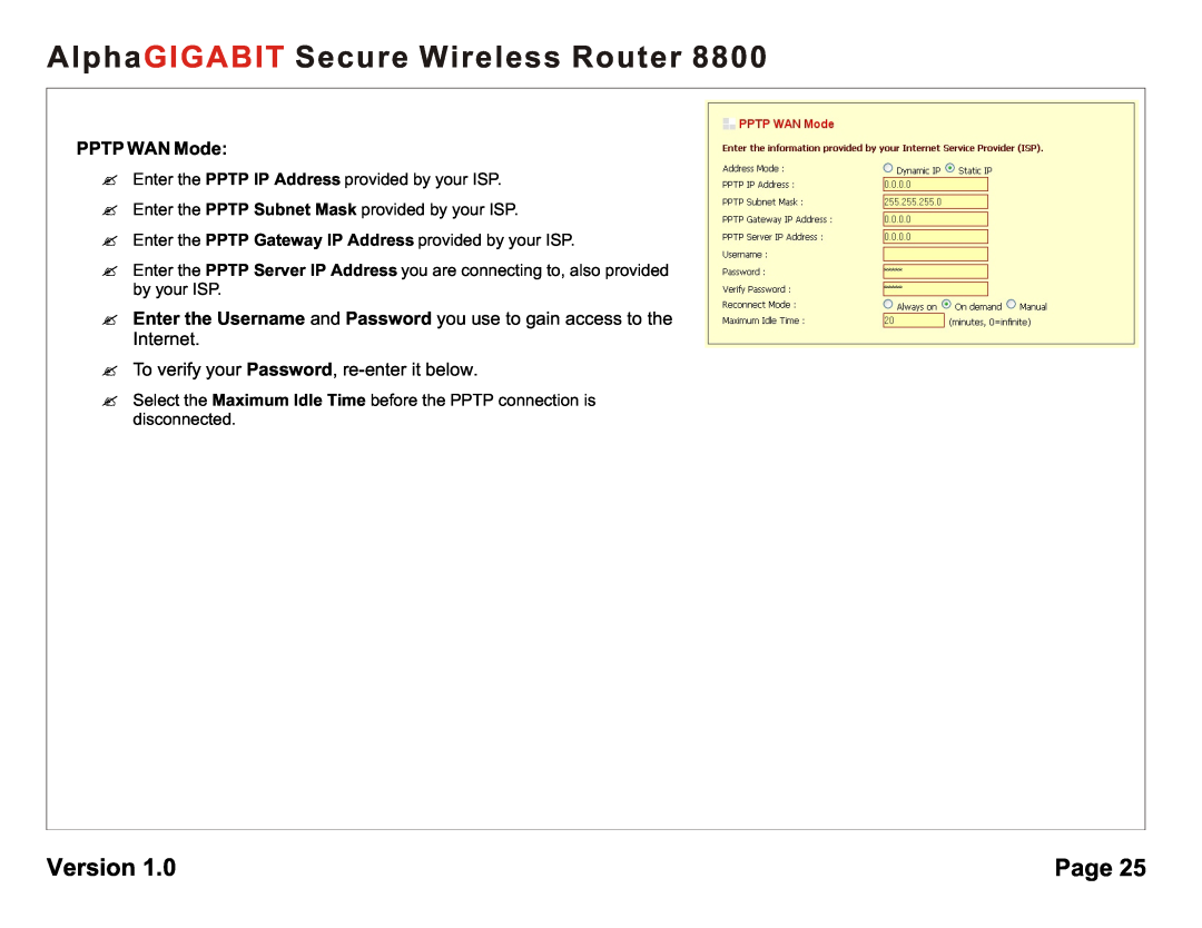 AlphaShield 8800 user manual PPTP WAN Mode, AlphaGIGABIT Secure Wireless Router, Version, Page 