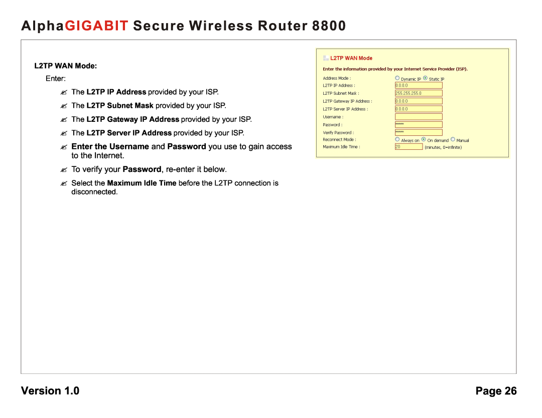 AlphaShield 8800 user manual L2TP WAN Mode, AlphaGIGABIT Secure Wireless Router, Version, Page 