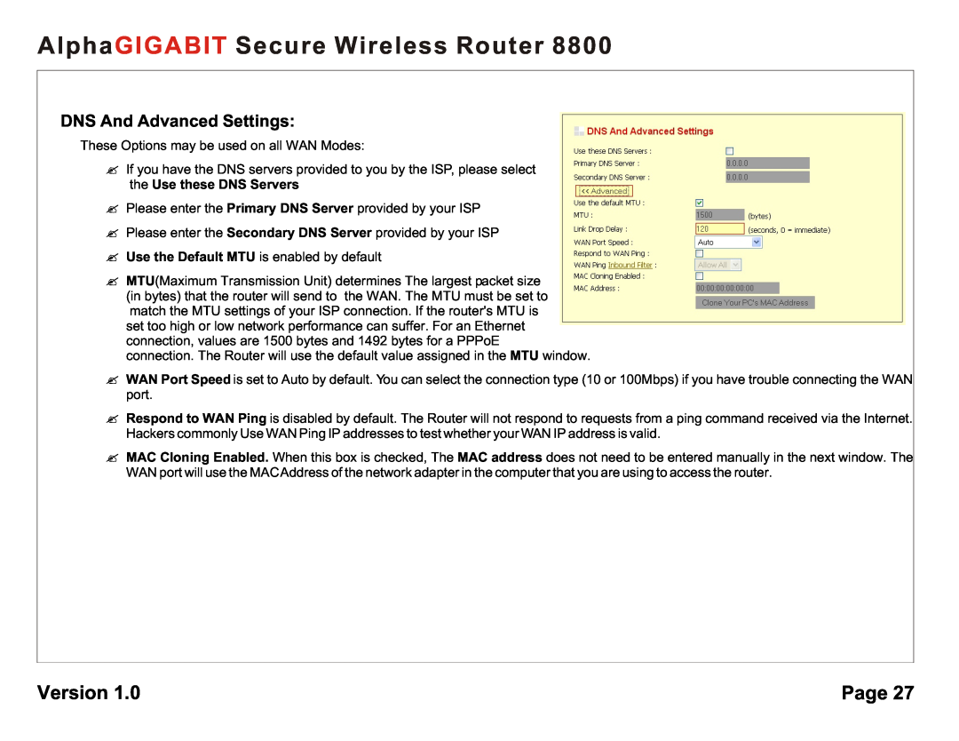 AlphaShield 8800 user manual DNS And Advanced Settings, AlphaGIGABIT Secure Wireless Router, Version, Page 