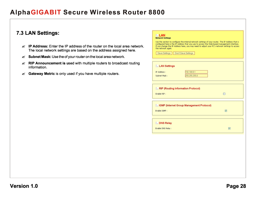AlphaShield 8800 user manual LAN Settings, AlphaGIGABIT Secure Wireless Router, Version, Page 