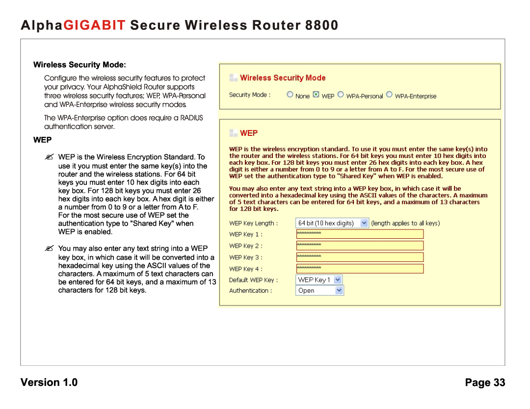 AlphaShield 8800 Wireless Security Mode, The WPA-Enterprise option does require a RADIUS authentication server, Version 