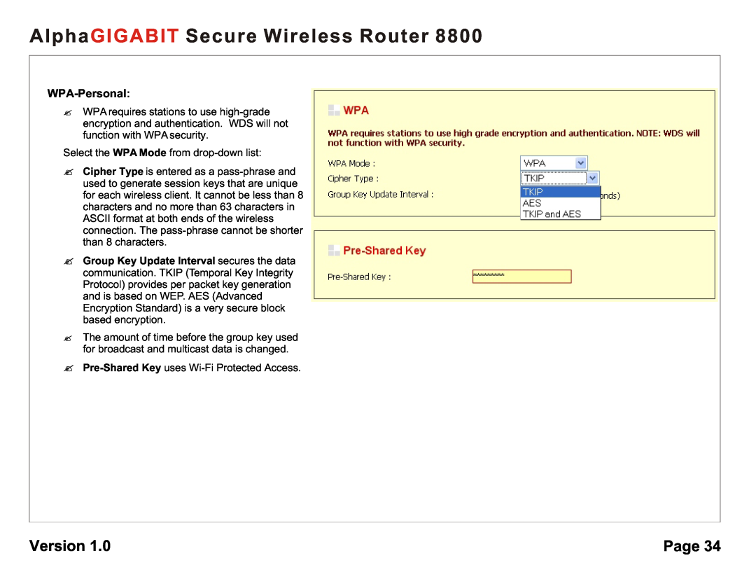 AlphaShield 8800 user manual WPA-Personal, AlphaGIGABIT Secure Wireless Router, Version, Page 
