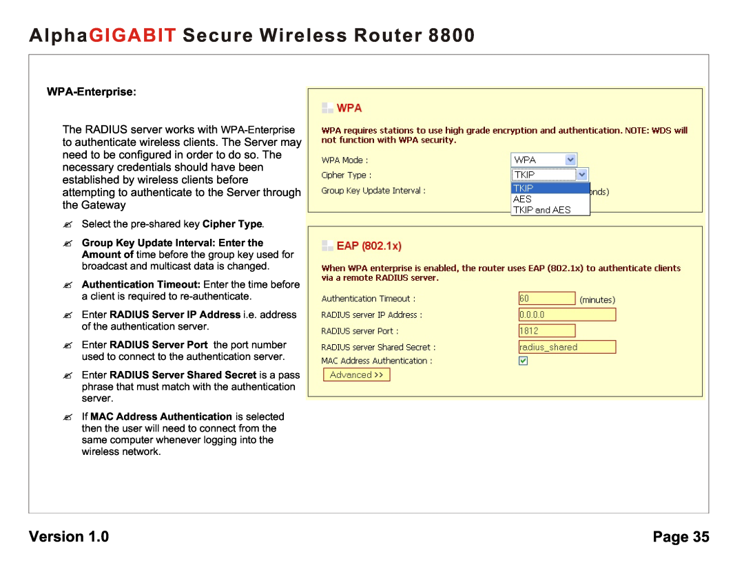 AlphaShield 8800 user manual WPA-Enterprise, AlphaGIGABIT Secure Wireless Router, Version, Page 
