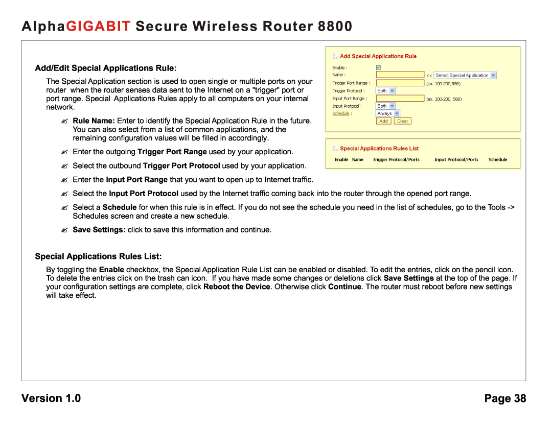 AlphaShield 8800 Add/Edit Special Applications Rule, Special Applications Rules List, AlphaGIGABIT Secure Wireless Router 