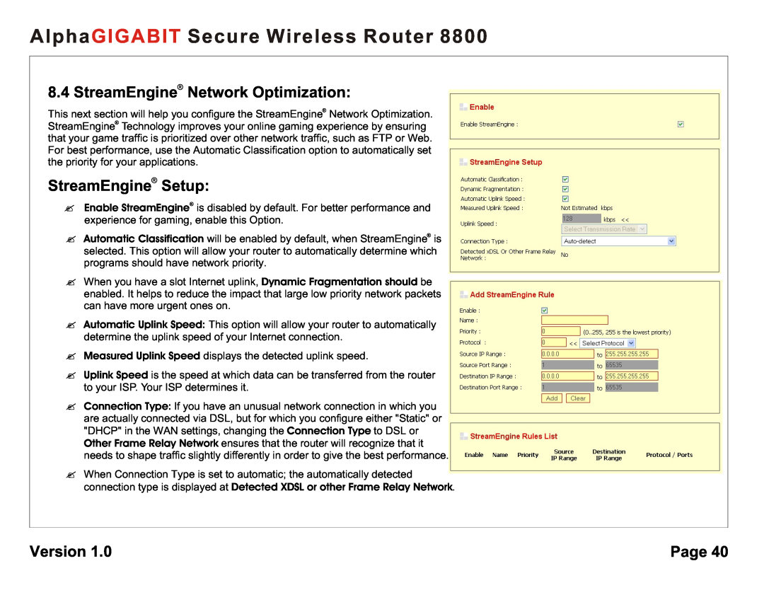 AlphaShield 8800 StreamEngine Network Optimization, StreamEngine Setup, AlphaGIGABIT Secure Wireless Router, Version, Page 
