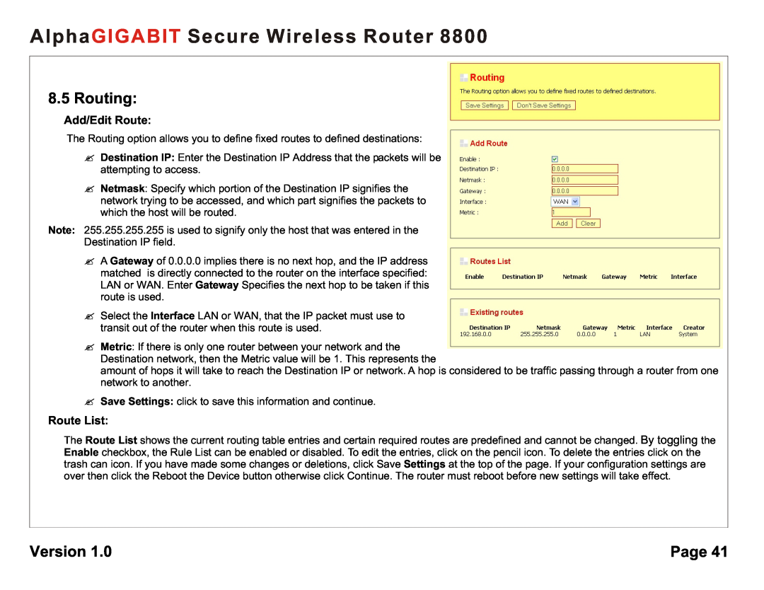 AlphaShield 8800 user manual Routing, Add/Edit Route, Route List, AlphaGIGABIT Secure Wireless Router, Version, Page 