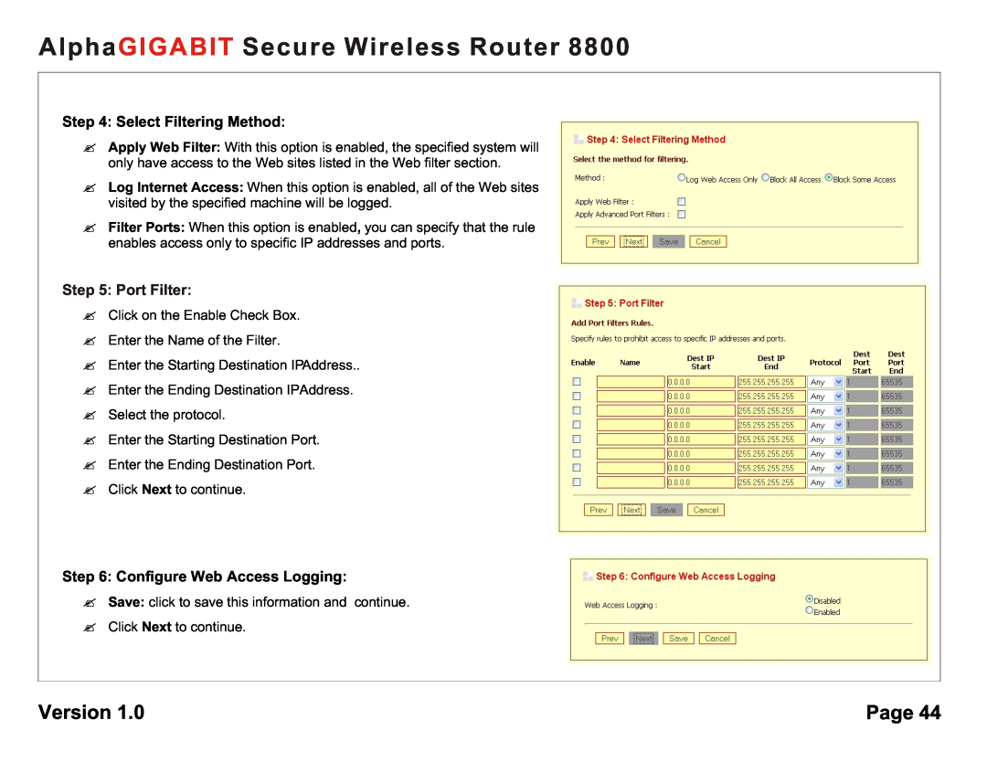 AlphaShield 8800 Select Filtering Method, Configure Web Access Logging, AlphaGIGABIT Secure Wireless Router, Version, Page 