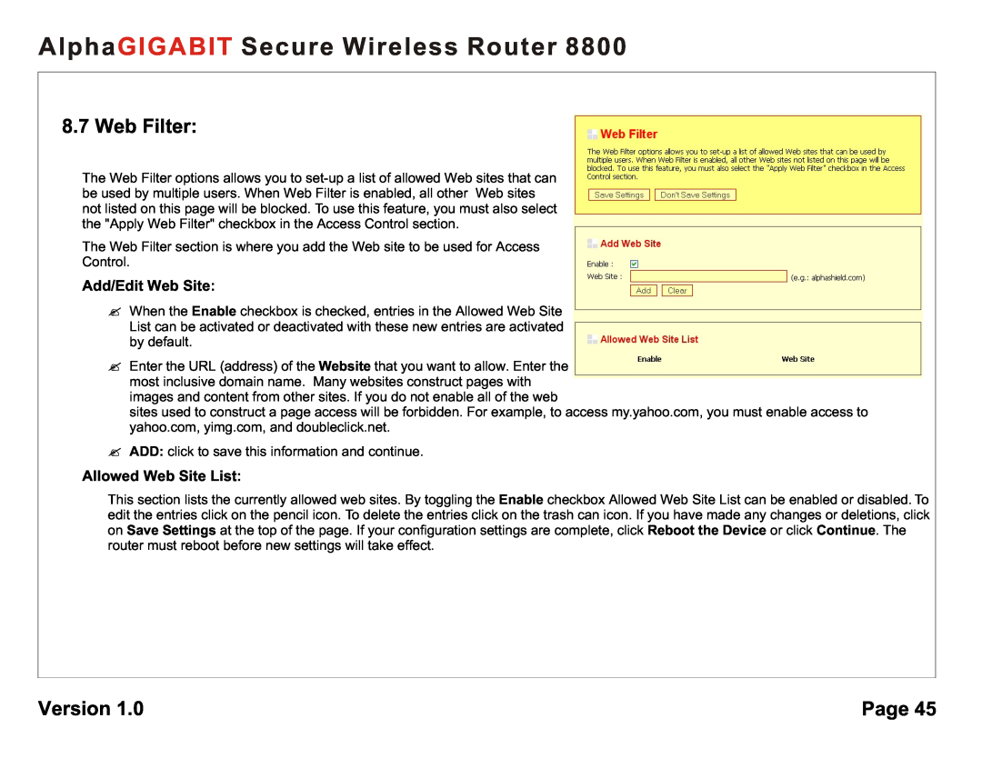 AlphaShield 8800 Web Filter, Add/Edit Web Site, Allowed Web Site List, AlphaGIGABIT Secure Wireless Router, Version, Page 