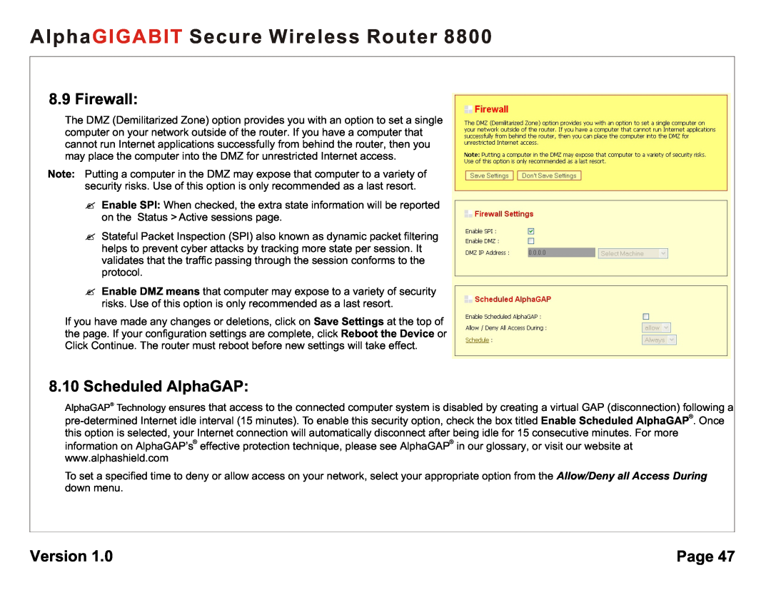 AlphaShield 8800 user manual Firewall, Scheduled AlphaGAP, AlphaGIGABIT Secure Wireless Router, Version, Page 