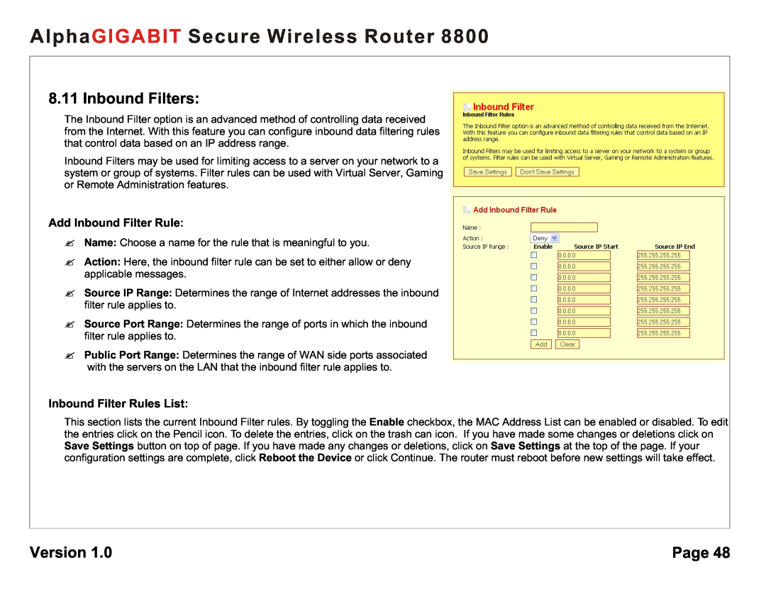 AlphaShield 8800 Inbound Filters, Add Inbound Filter Rule, Inbound Filter Rules List, AlphaGIGABIT Secure Wireless Router 