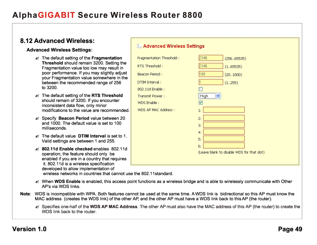 AlphaShield 8800 user manual Advanced Wireless Settings, AlphaGIGABIT Secure Wireless Router, Version, Page 
