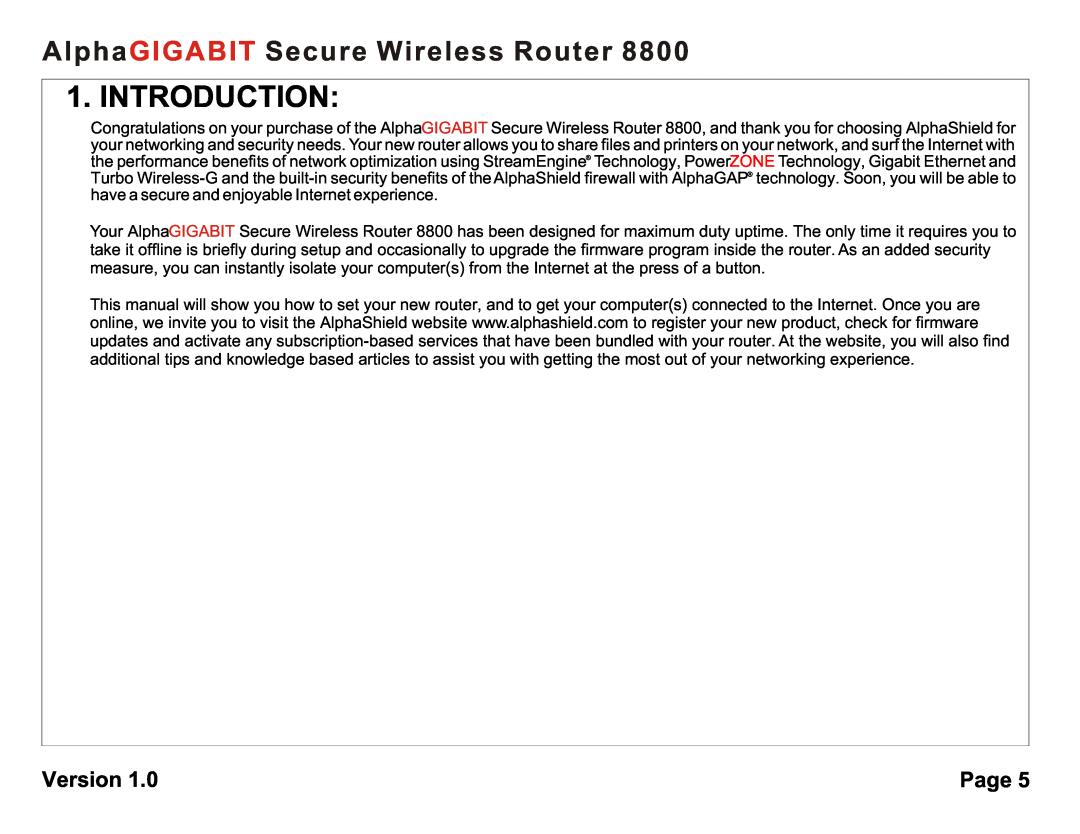 AlphaShield 8800 user manual Introduction, AlphaGIGABIT Secure Wireless Router, Version, Page 