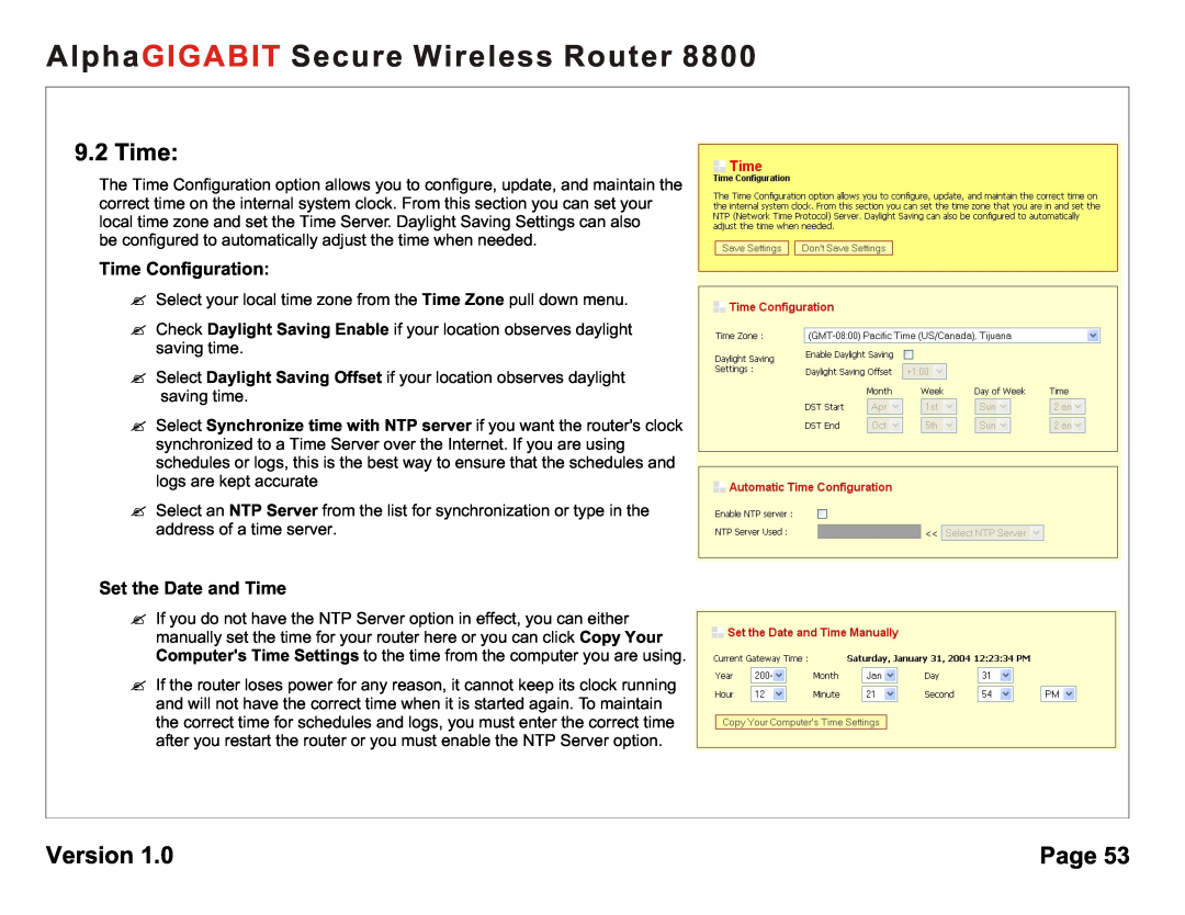 AlphaShield 8800 Time Configuration, Set the Date and Time, AlphaGIGABIT Secure Wireless Router, Version, Page 