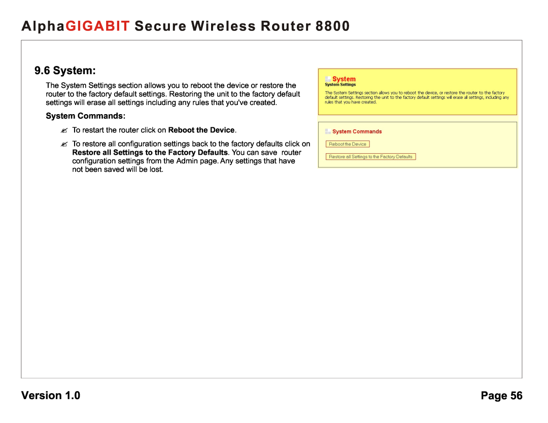 AlphaShield 8800 user manual System Commands, AlphaGIGABIT Secure Wireless Router, Version, Page 