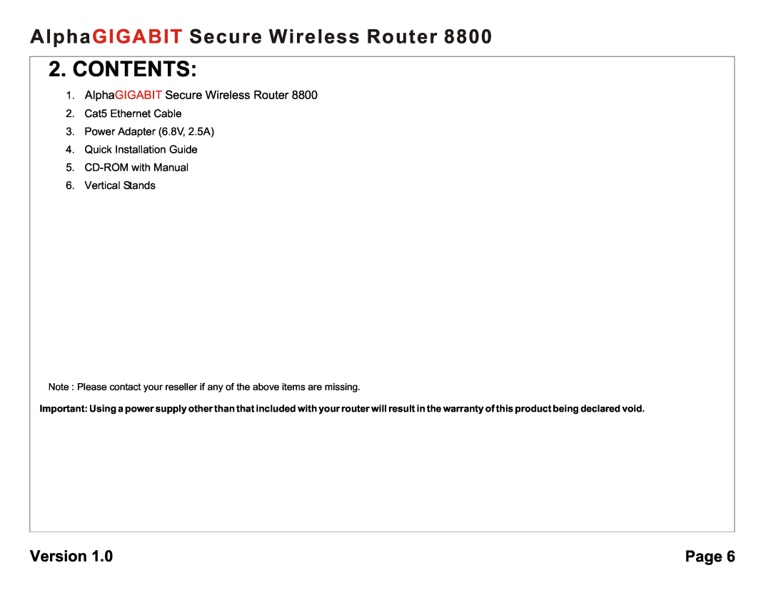 AlphaShield 8800 user manual Contents, AlphaGIGABIT Secure Wireless Router, Version, Page 