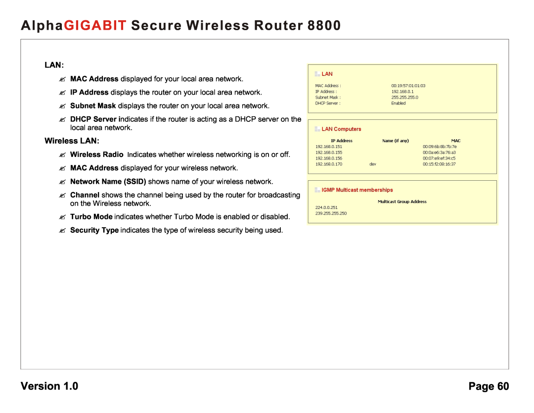 AlphaShield 8800 user manual Wireless LAN, AlphaGIGABIT Secure Wireless Router, Version, Page 
