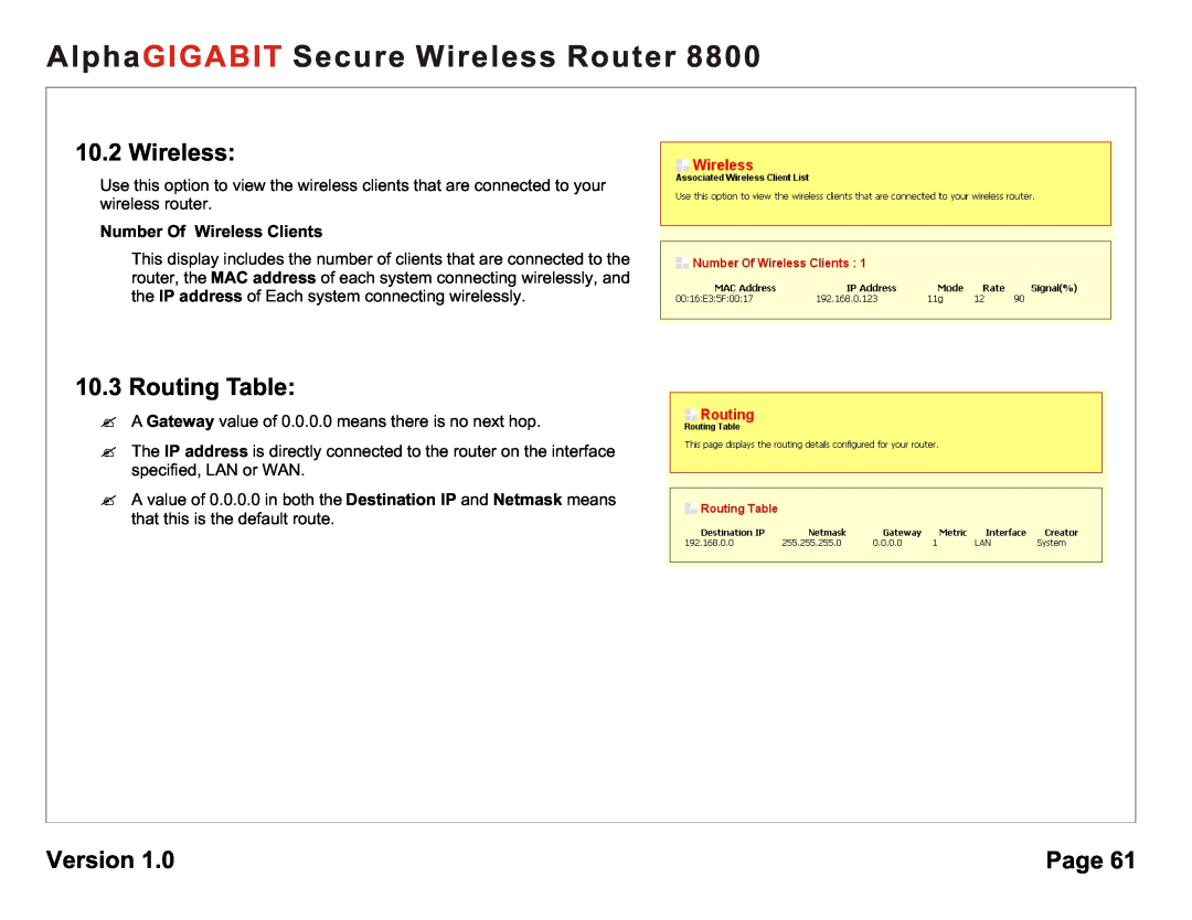 AlphaShield 8800 Routing Table, Number Of Wireless Clients, AlphaGIGABIT Secure Wireless Router, Version, Page 