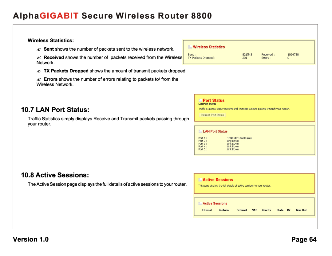 AlphaShield 8800 LAN Port Status, Active Sessions, Wireless Statistics, AlphaGIGABIT Secure Wireless Router, Version, Page 