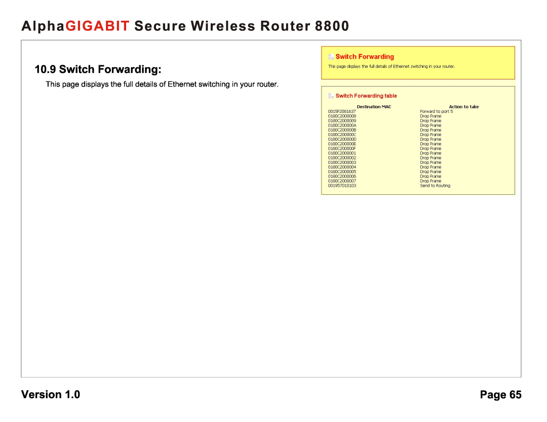 AlphaShield 8800 user manual Switch Forwarding, AlphaGIGABIT Secure Wireless Router, Version, Page 