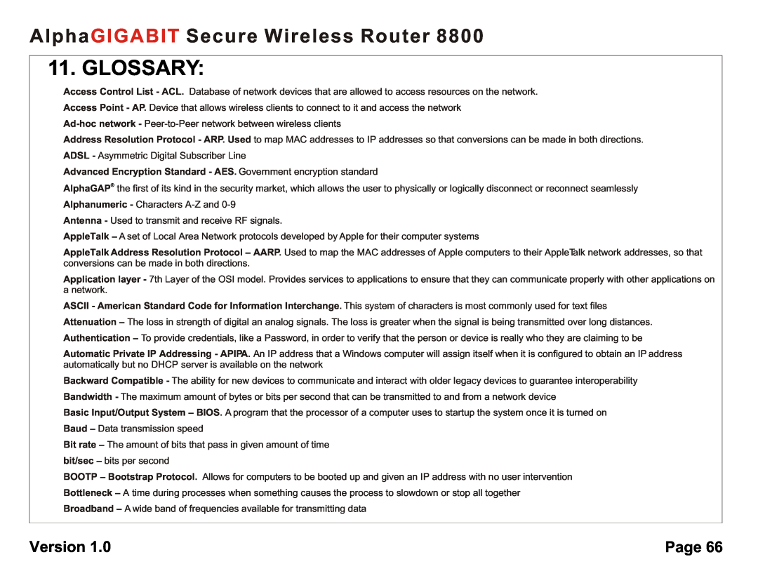 AlphaShield 8800 user manual Glossary, AlphaGIGABIT Secure Wireless Router, Version, Page 