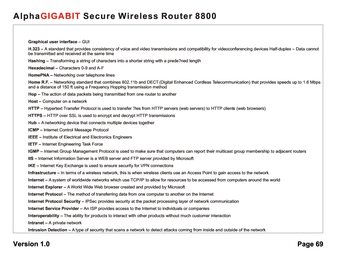 AlphaShield 8800 user manual AlphaGIGABIT Secure Wireless Router, Version, Page, Graphical user interface - GUI 