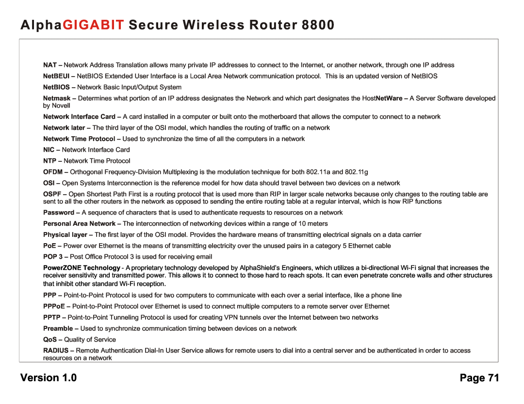 AlphaShield 8800 user manual AlphaGIGABIT Secure Wireless Router, Version, Page 