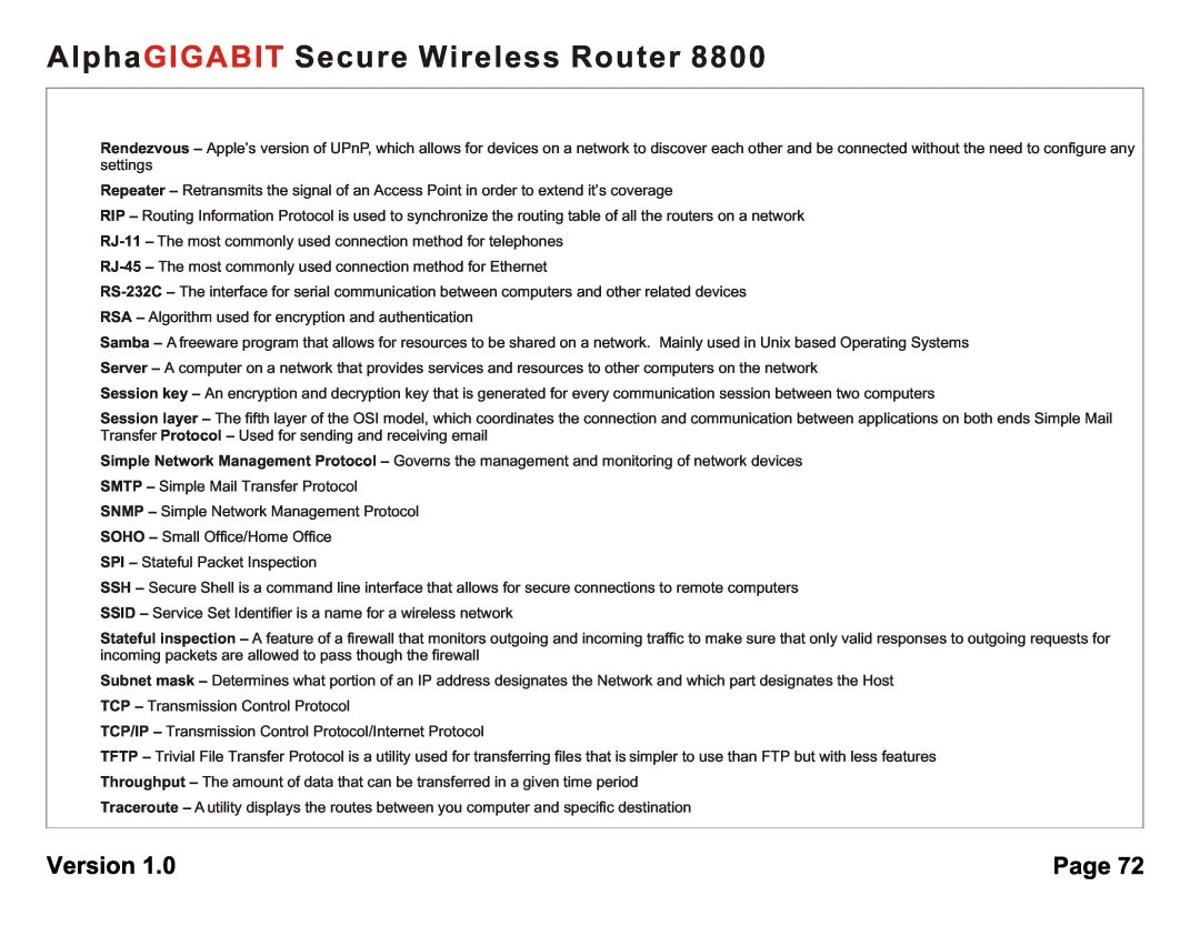 AlphaShield 8800 user manual AlphaGIGABIT Secure Wireless Router, Version, Page 