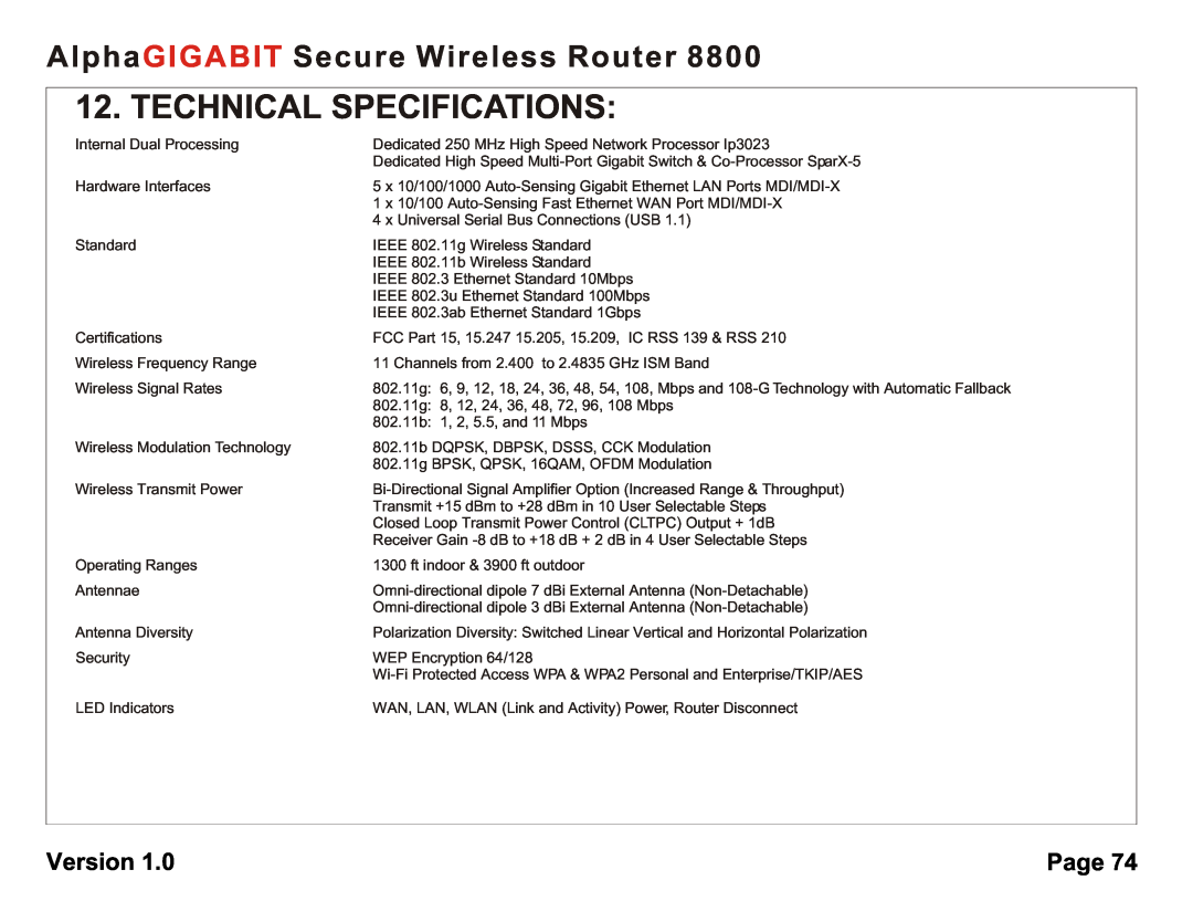 AlphaShield 8800 user manual Technical Specifications, AlphaGIGABIT Secure Wireless Router, Version, Page 