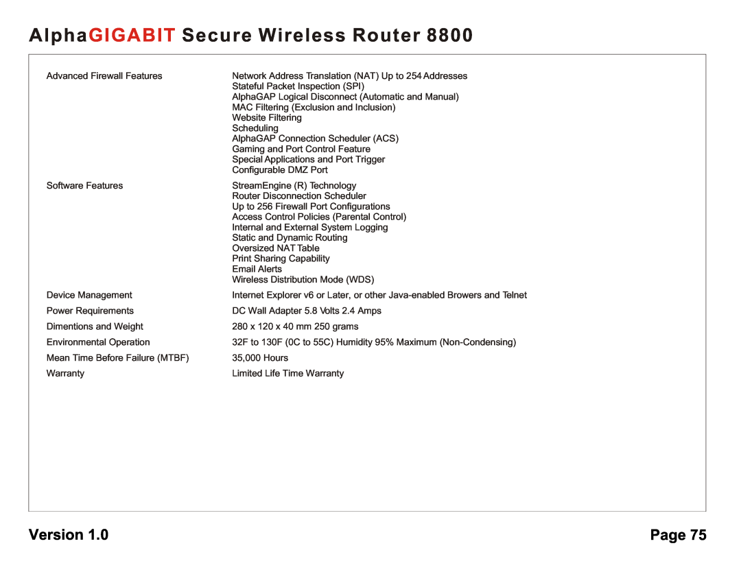 AlphaShield 8800 user manual AlphaGIGABIT Secure Wireless Router, Version, Page, Advanced Firewall Features 
