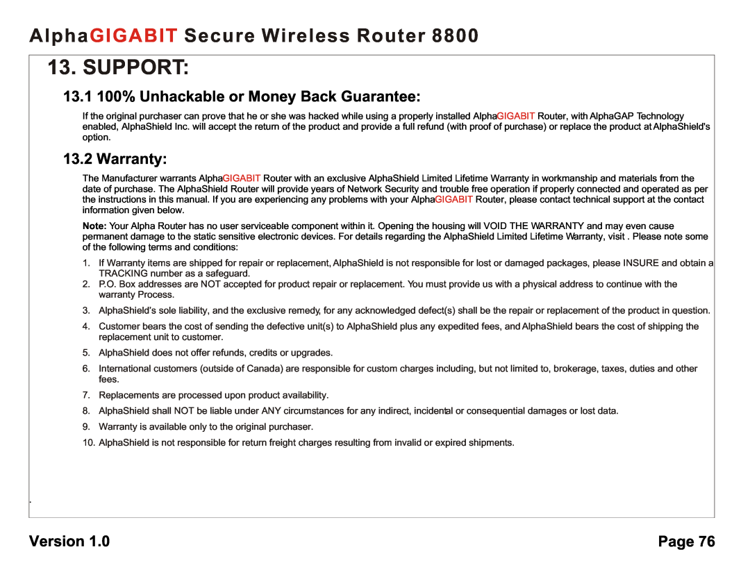 AlphaShield 8800 Support, 13.1 100% Unhackable or Money Back Guarantee, Warranty, AlphaGIGABIT Secure Wireless Router 