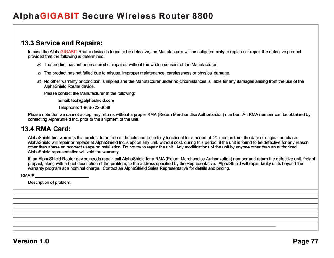 AlphaShield 8800 user manual Service and Repairs, RMA Card, AlphaGIGABIT Secure Wireless Router, Version, Page 