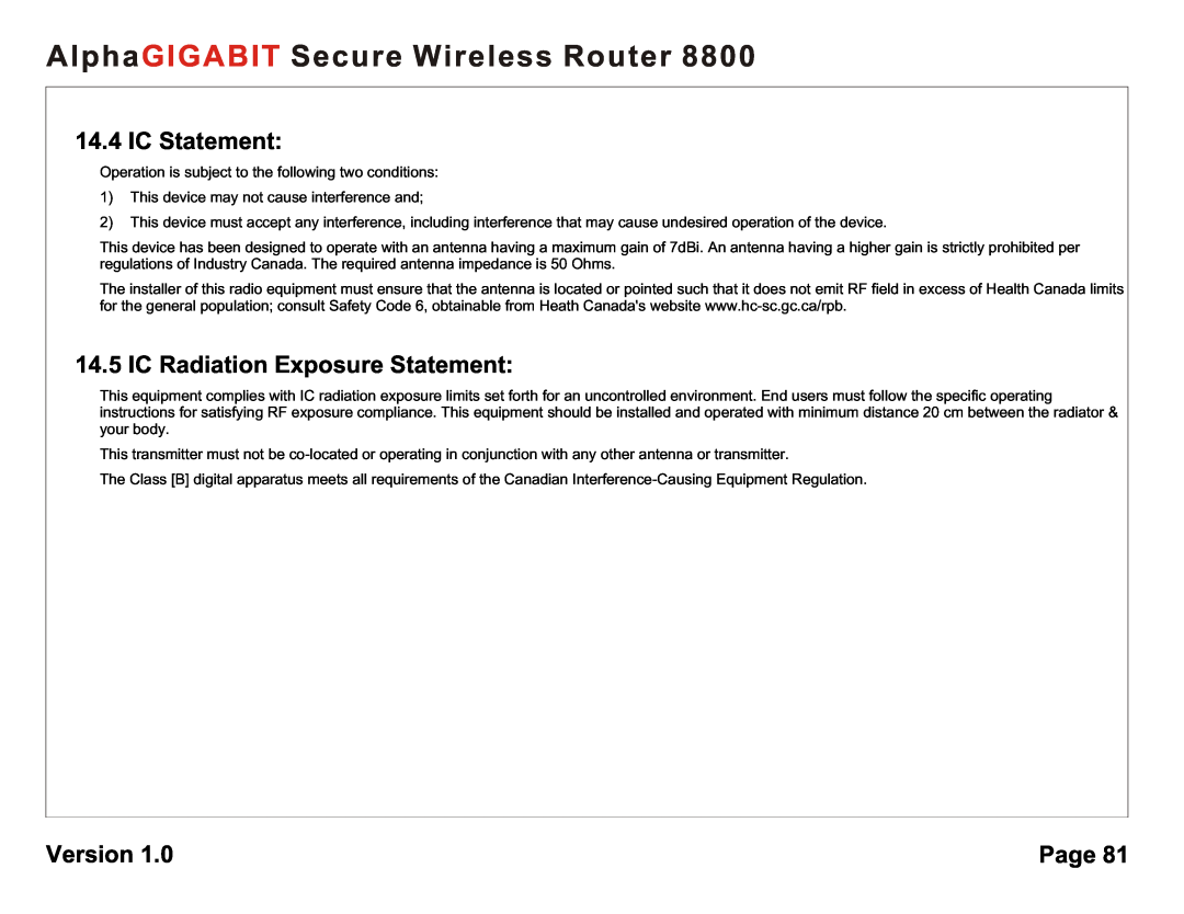 AlphaShield 8800 IC Statement, IC Radiation Exposure Statement, AlphaGIGABIT Secure Wireless Router, Version, Page 