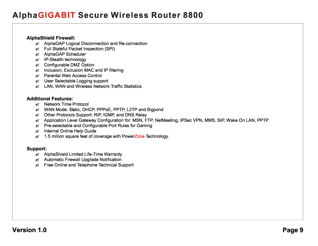 AlphaShield 8800 AlphaShield Firewall, Additional Features, Support, AlphaGIGABIT Secure Wireless Router, Version, Page 