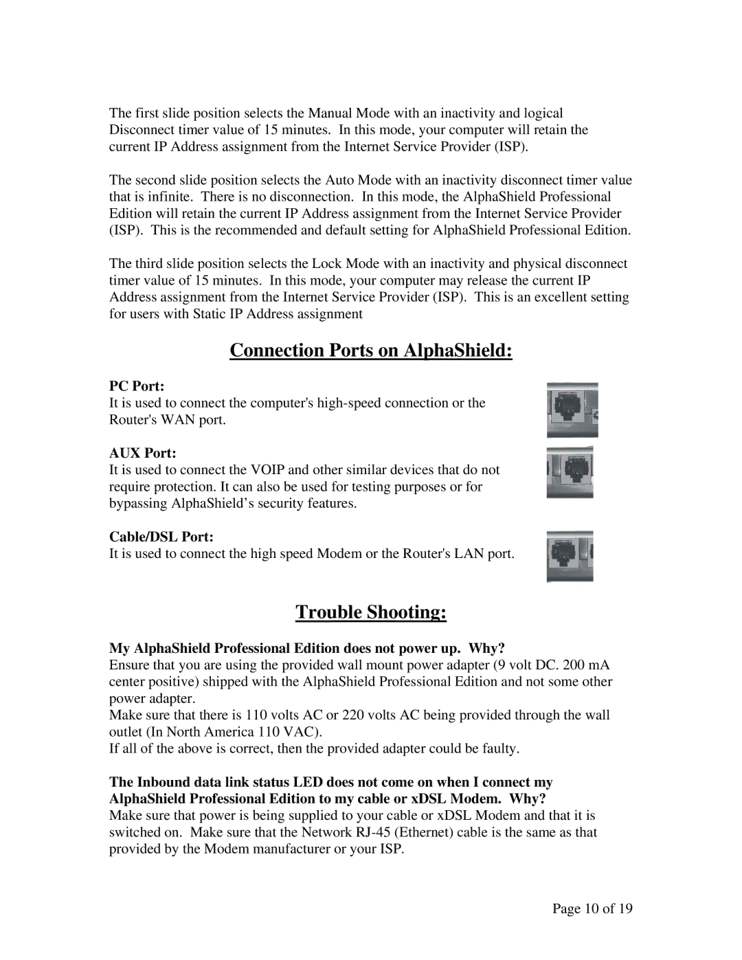 AlphaShield FIREWALL user manual Connection Ports on AlphaShield, Trouble Shooting 