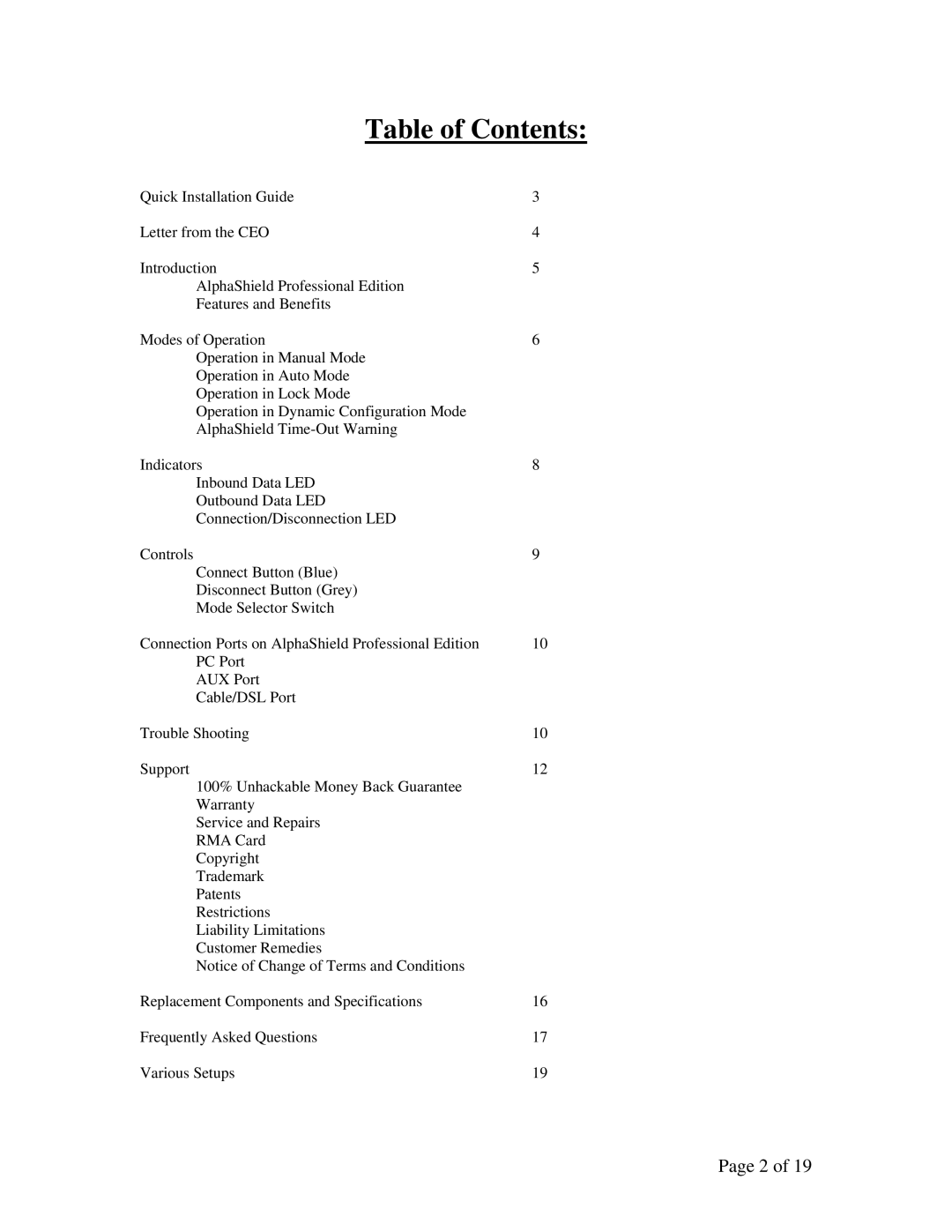 AlphaShield FIREWALL user manual Table of Contents 