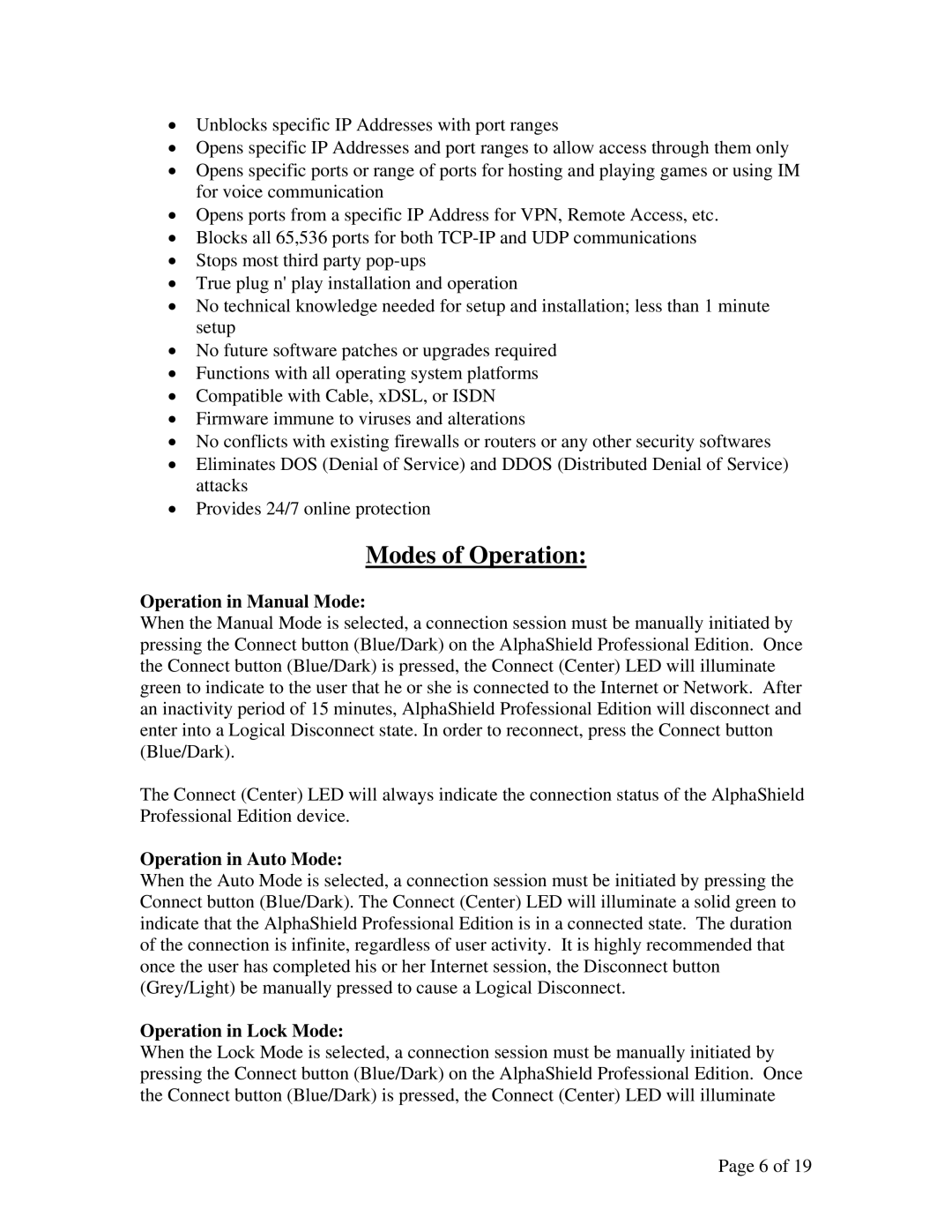 AlphaShield FIREWALL Modes of Operation, Operation in Manual Mode, Operation in Auto Mode, Operation in Lock Mode 